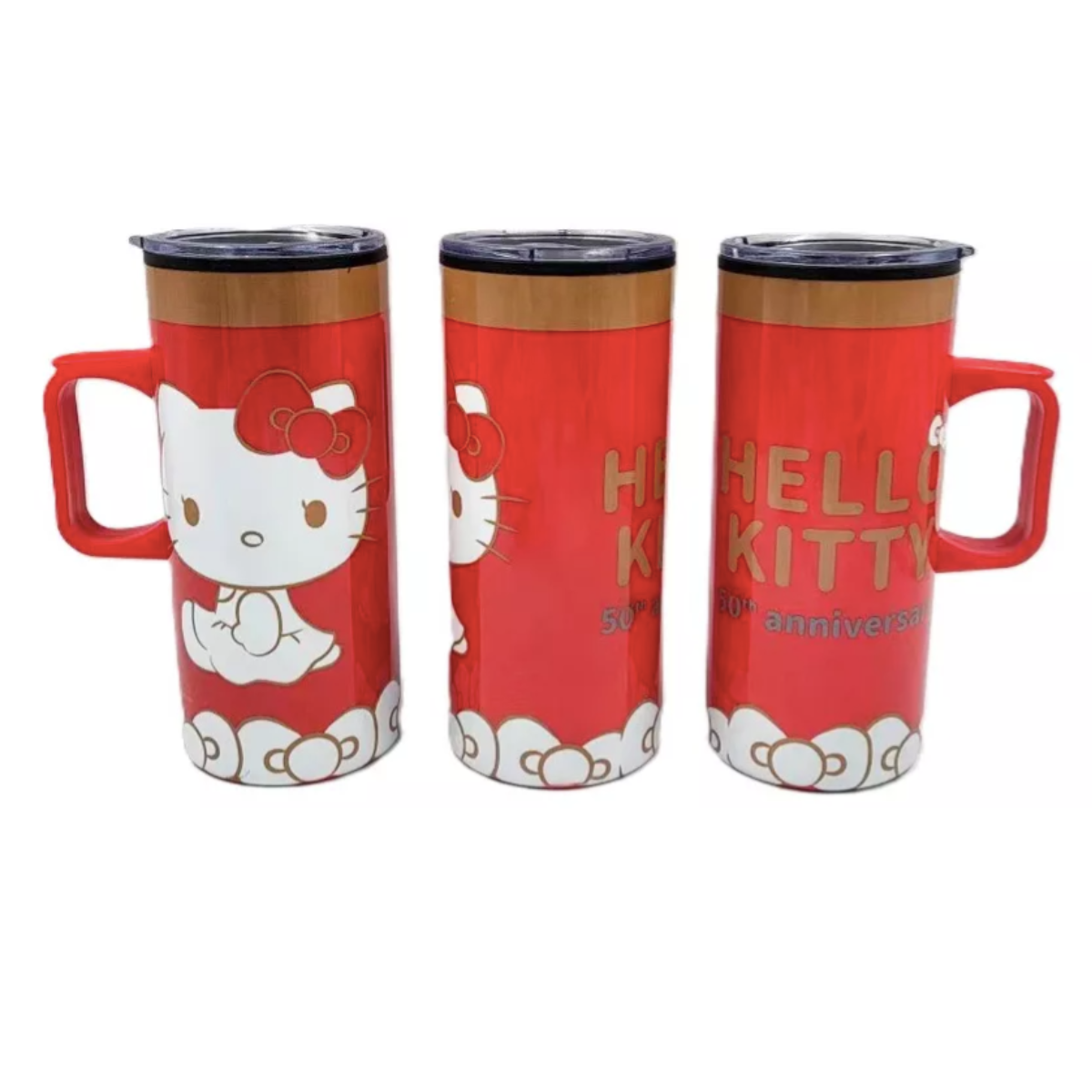 Termo Doble Pared Con Asa Hello Kitty 50 Aniversario 500 Ml Color Rojo