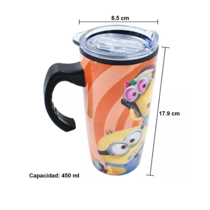 Termo Para Cafe Doble Pared Minions Portatil 450 Ml Con Asa